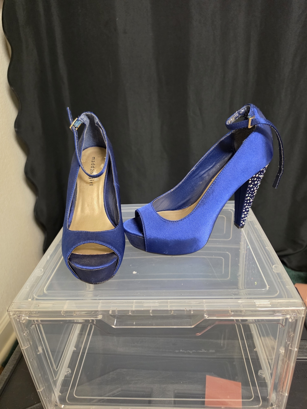 Madden Girl Cobalt Blue Satin Peep-Toe Ankle Strap Heels